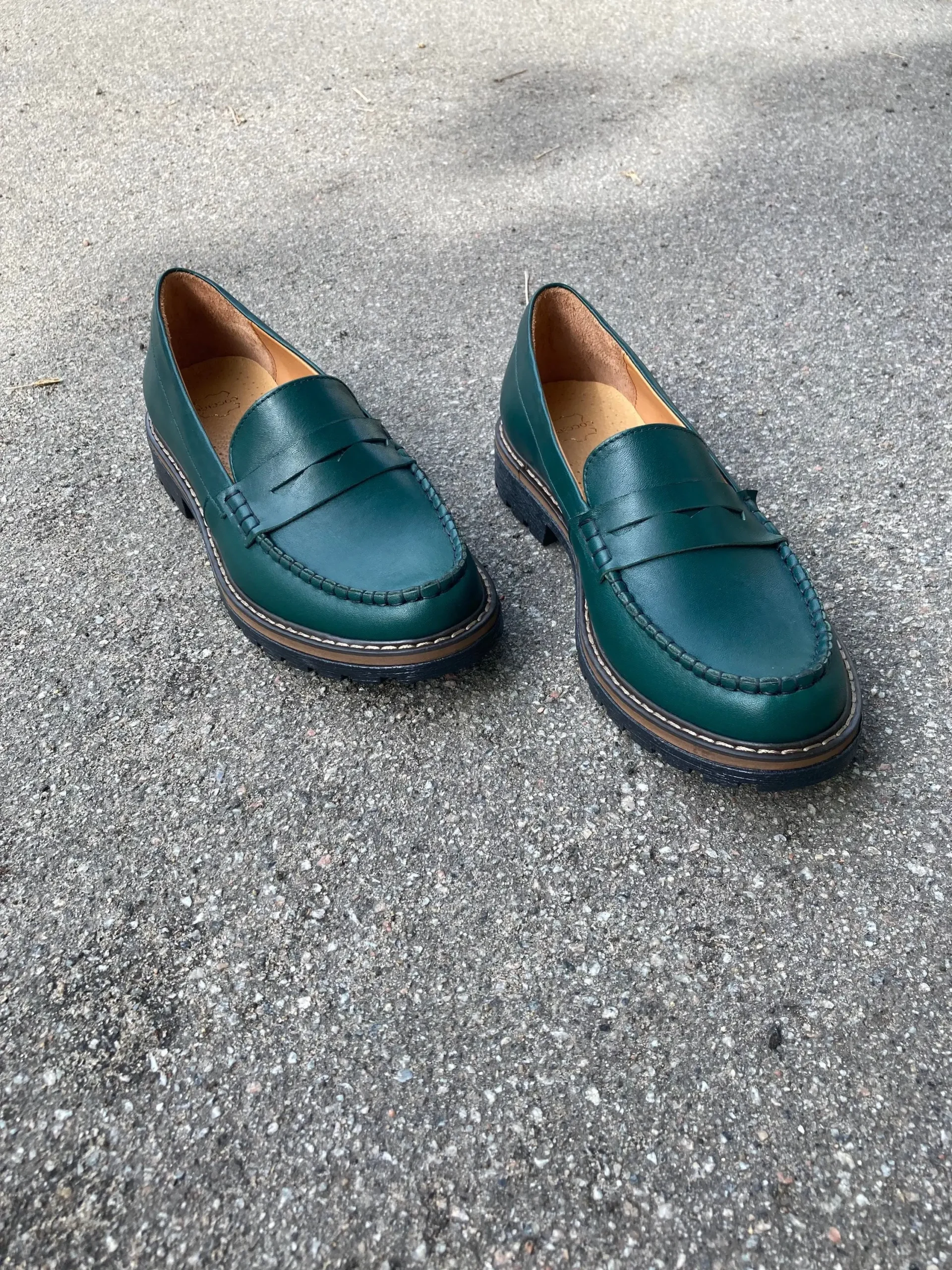 Green Leather Penny Loafers: Handmade Womens Classic Shoes