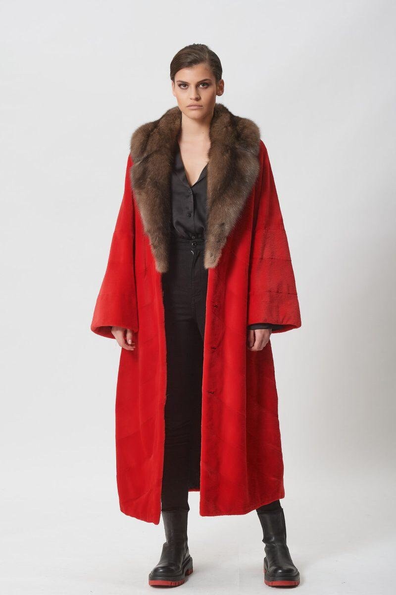 Red Short Sheared Mink Fur Coat Sable Collar