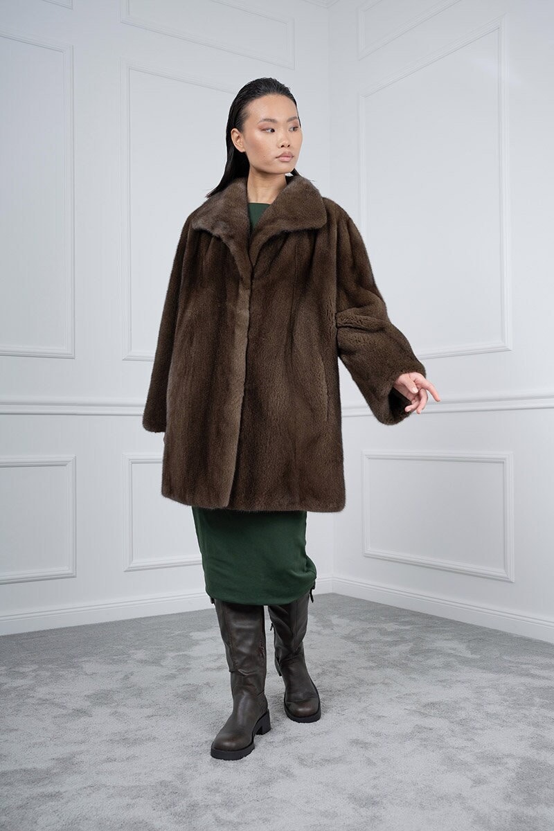 Real Brown Mink Swing Fur Jacket Wing Collar