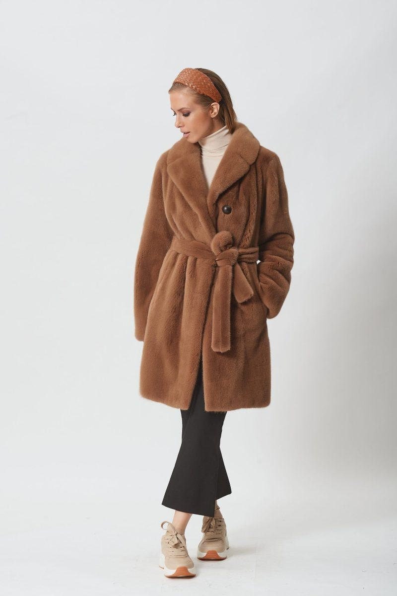 Caramel Mink Fur Jacket With Belt