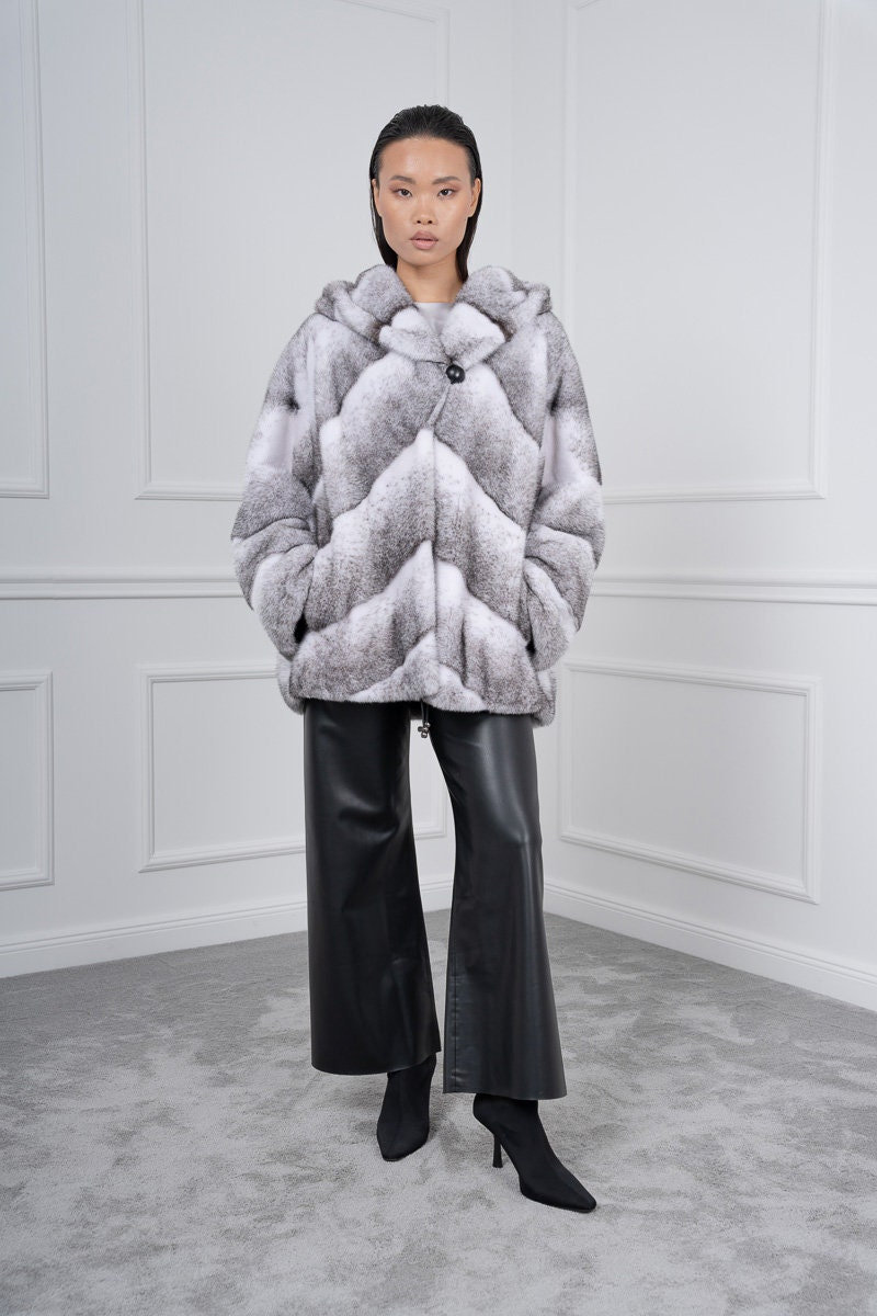 Black Cross Mink Fur Jacket With Hood