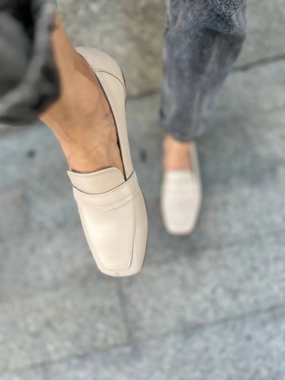 Handcrafted Beige Leather Square Toe Loafers: Minimalist Flats