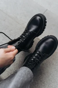 Handmade Black Leather Work Boots Lace Up Combat