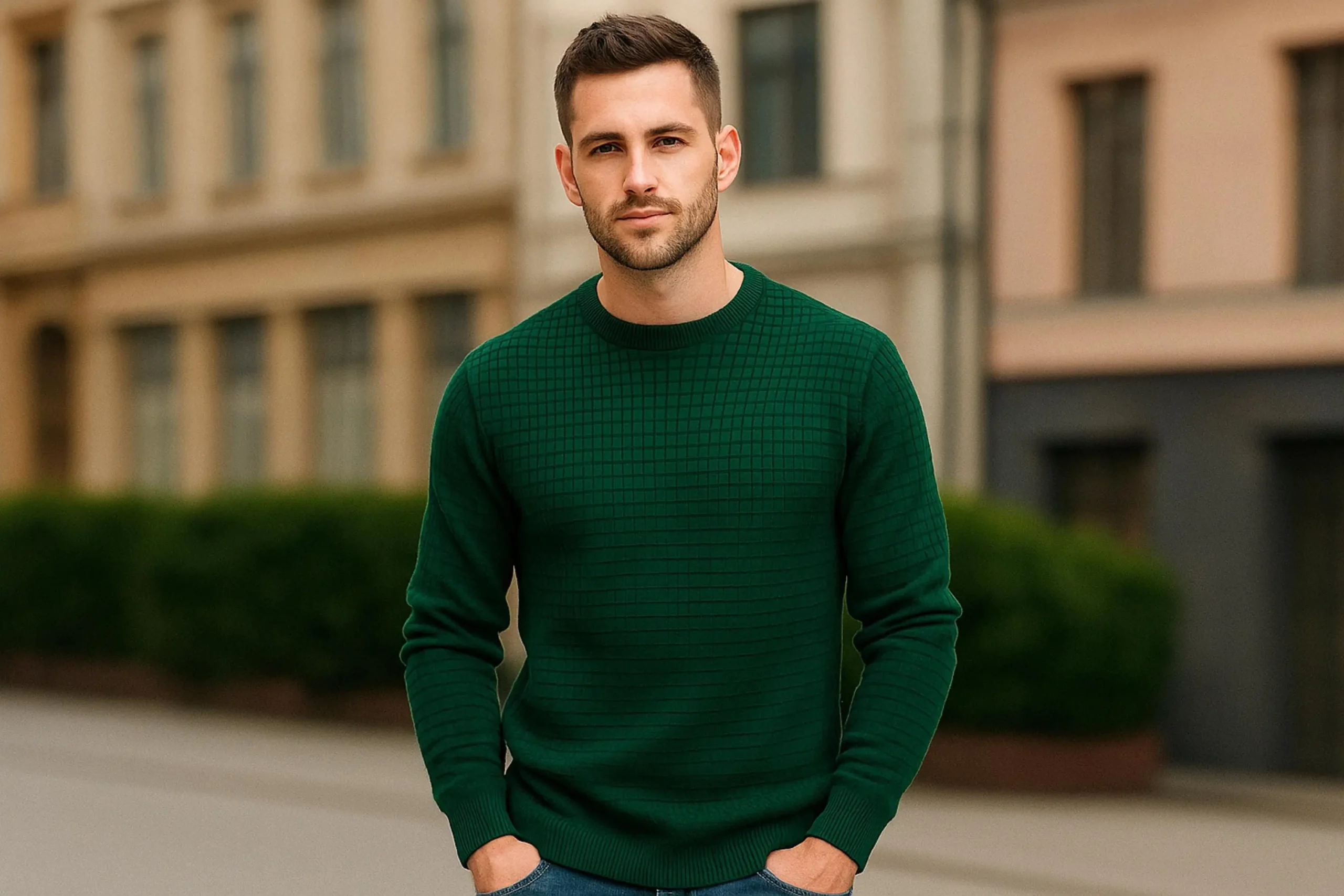 Men's Waffle Knit Pullover: Slim Fit Polyester Crewneck