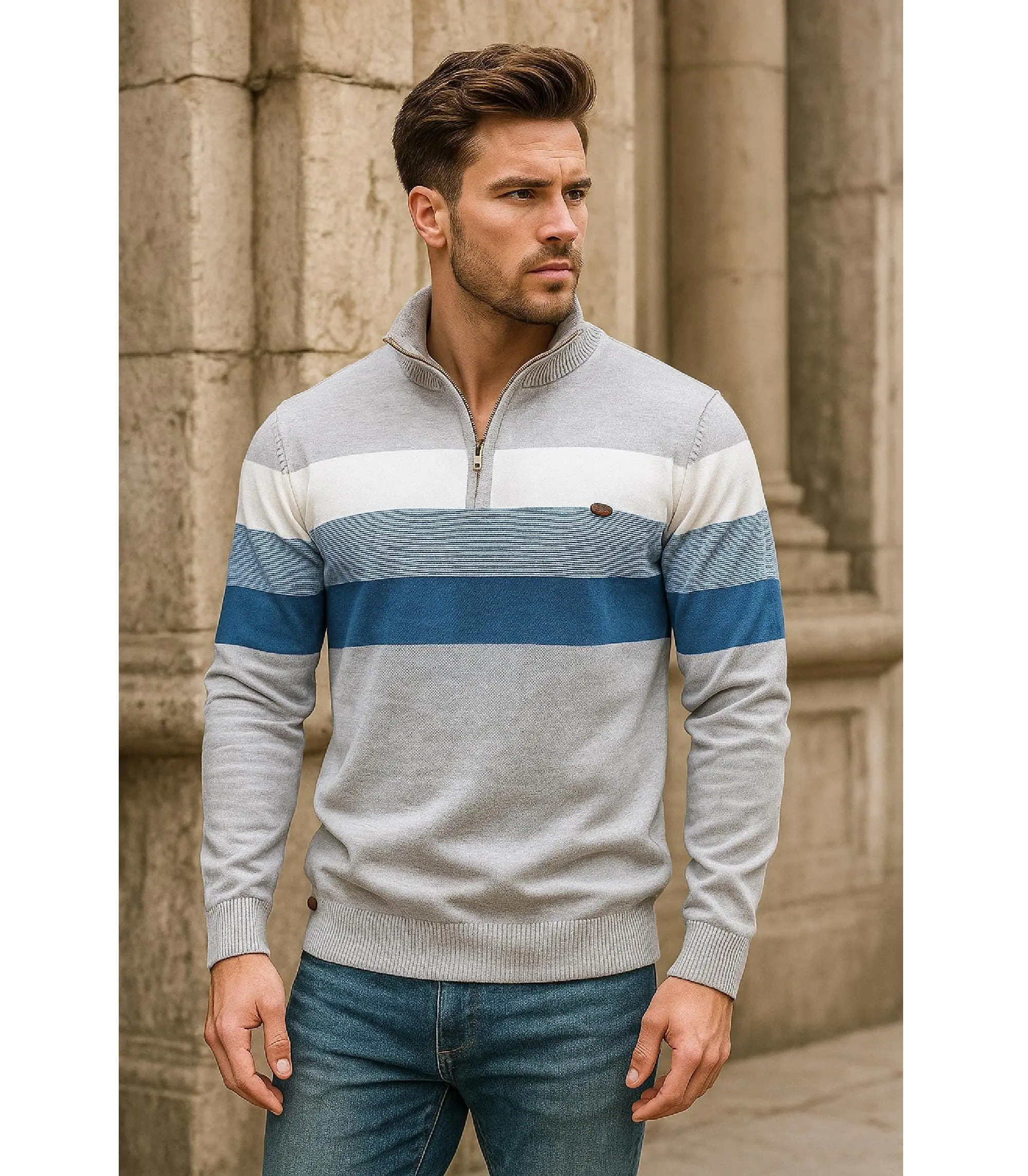 Men's Striped Cotton Pullover Sweater: Half-zip Trendy Top