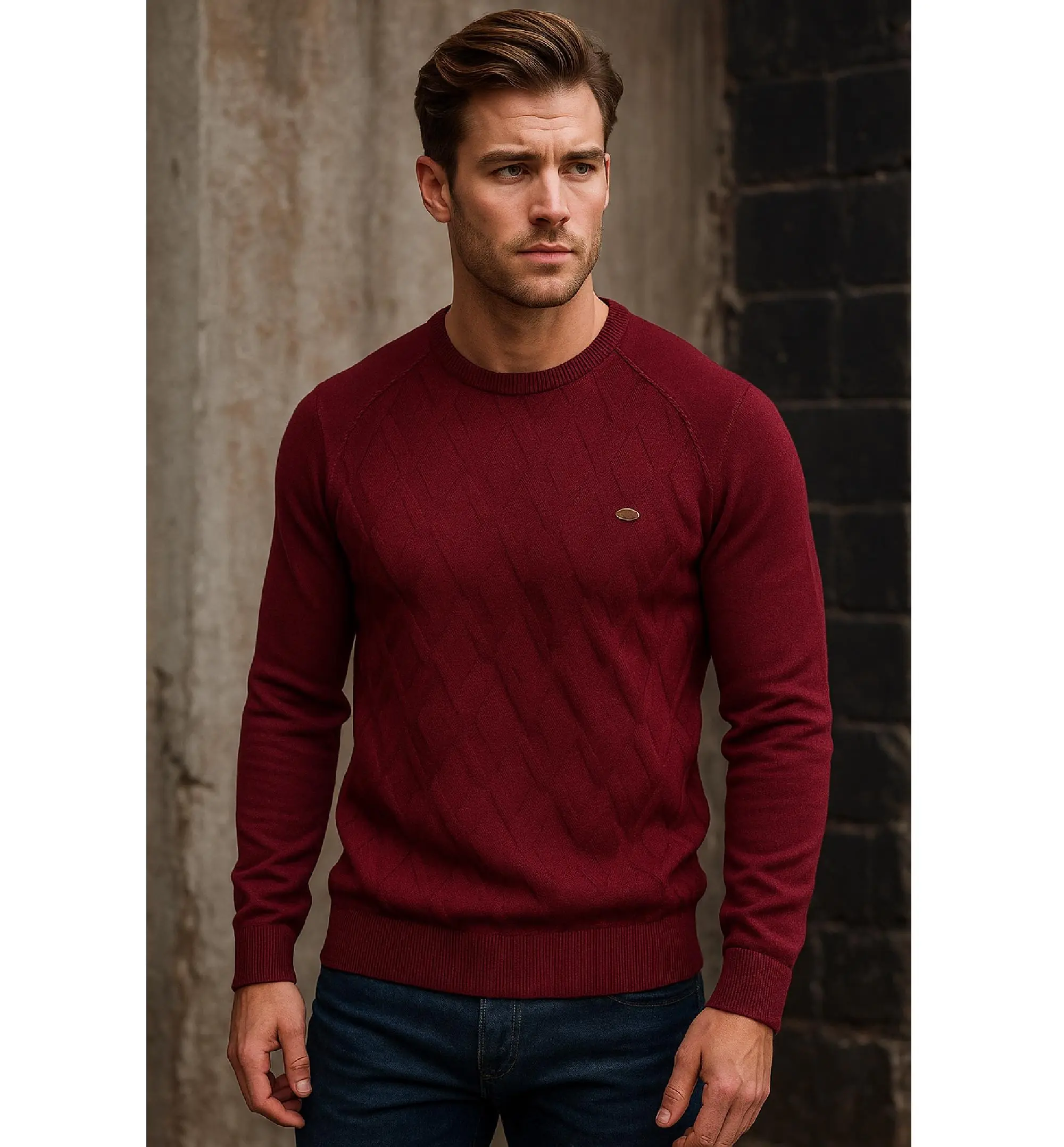 Men's Cotton Knit Pullover Sweater: Diamond Crewneck Jumper
