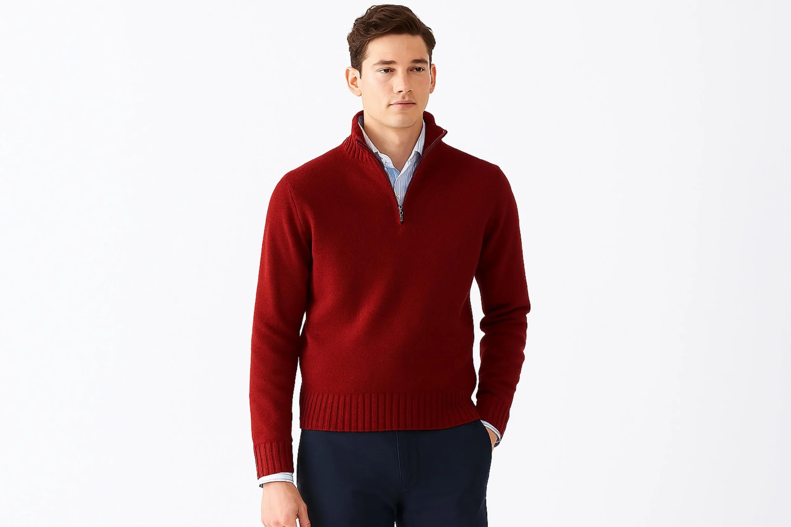 Men's Half Zip Pullover Sweater: Solid Ribbed Polyester Knit