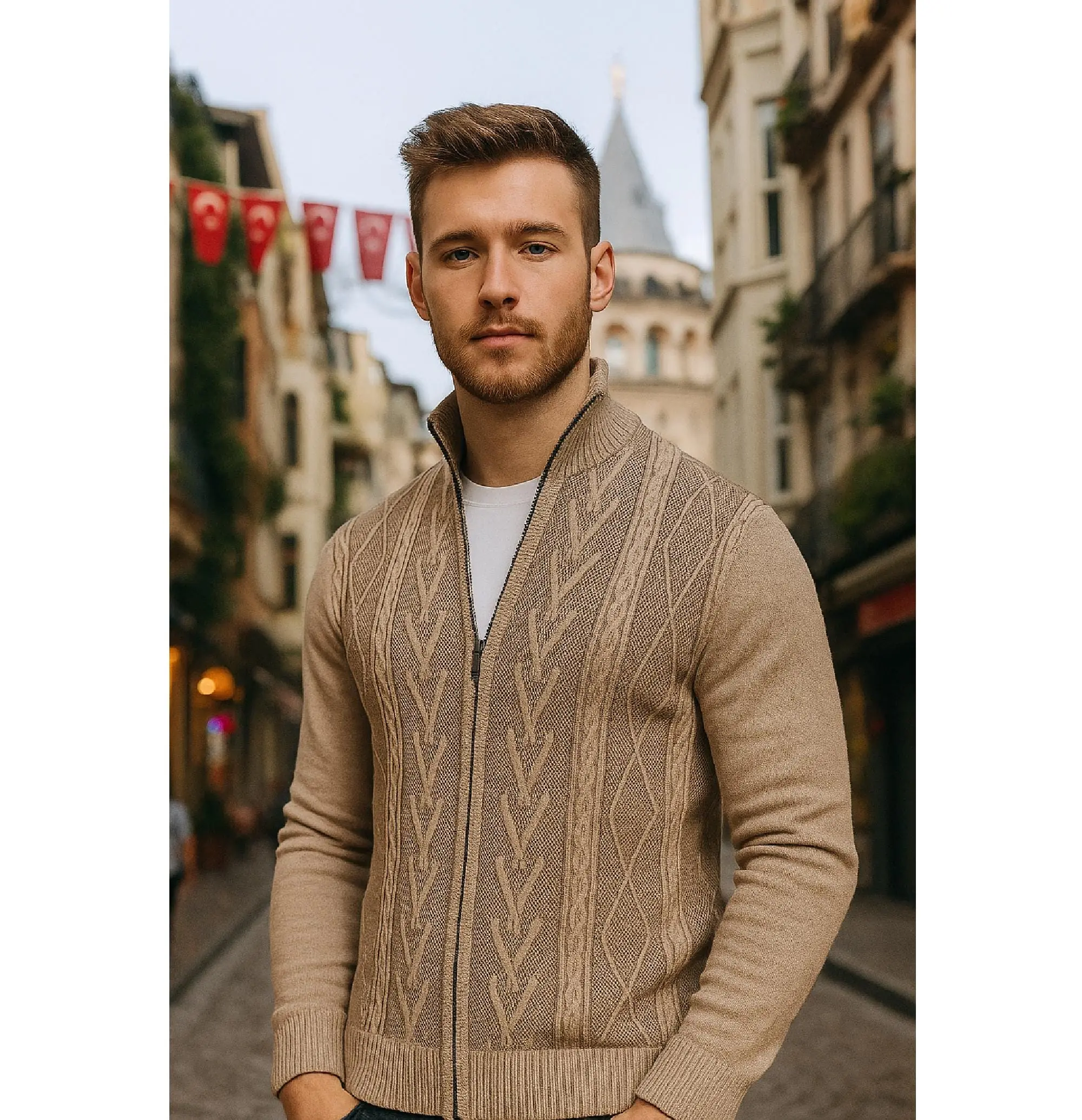 Men's Cable Knit Zip Cardigan: Polyester Winter Outerwear